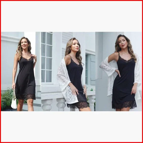 Satin Slip Dress with Adjustable Lace Straps Midi Length Nightgown - Picture 7 of 7